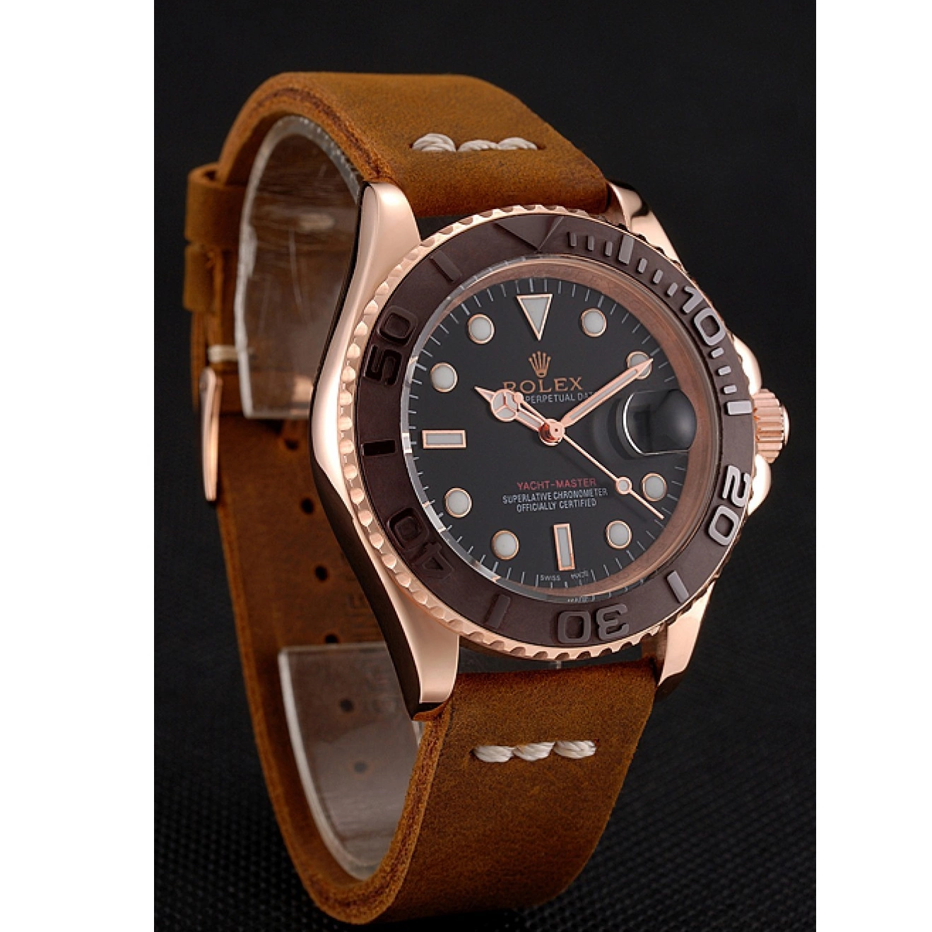 AAA Replica Watches Black Bracelet Rose Yacht Brown Brown Case Leather 1453860 Dial Rolex Gold Bezel Master 0601